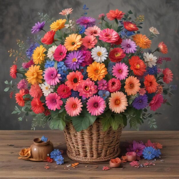 a basket of flowers with a vase of flowers on a table