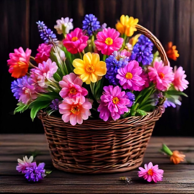 a basket of flowers with a wooden background and a brown background