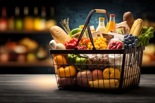 A basket of food with a bottle of alcohol in the background