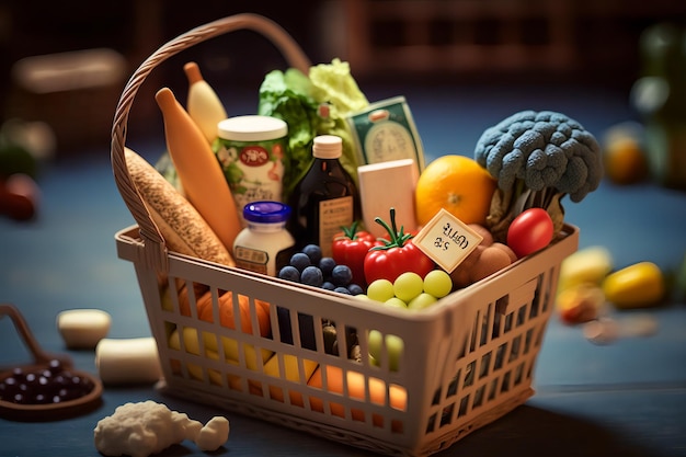 A basket of food with a price tag that says 50.