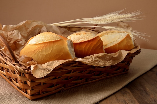 basket of french bread and wheat on the table