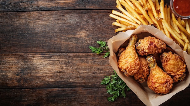 a basket of french fries and french fries with parsley on a wooden background