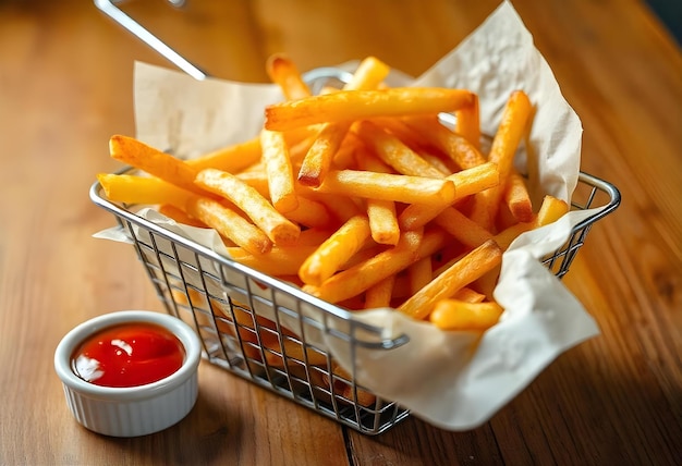 a basket of french fries with ketchup and a container of ketchup