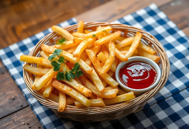 a basket of french fries with ketchup and ketchup