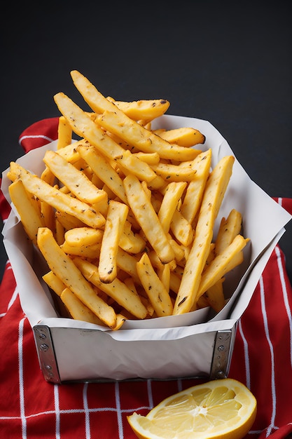 A basket of french fries with a red and white striped napkin.