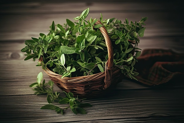 A basket of fresh basil is on a wooden table.