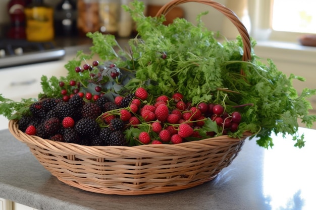 Basket of fresh berries and herbs perfect for a kitchen or dining room created with generative ai