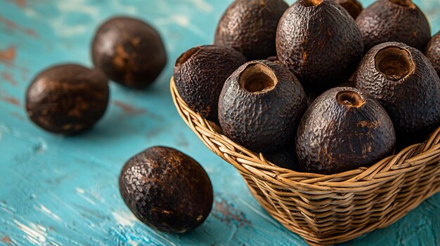 Basket of fresh black sapote Diospyros digyna their dark brown skin placed light blue background