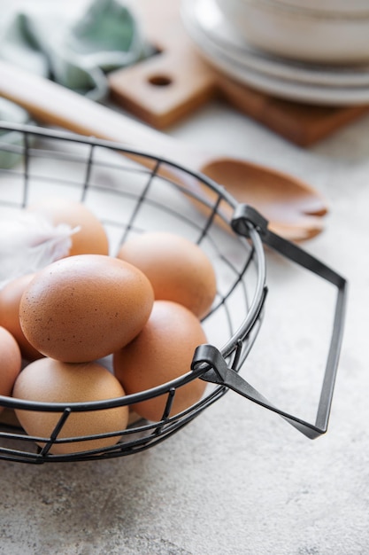 Basket of fresh brown eggs