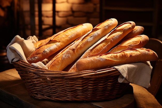 A basket of fresh French baguettes