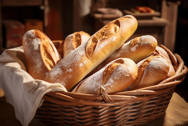 A basket of fresh French baguettes