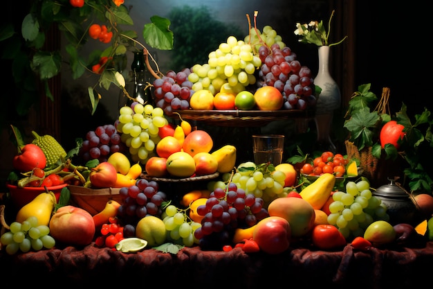 A basket of fresh fruit Grapes and bananas AI Generated