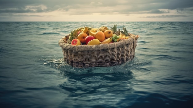 Basket of fresh fruit in the sea