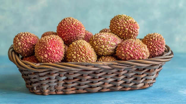 Basket of fresh lychee Litchi chinensis their rough red skin placed light blue background highlight