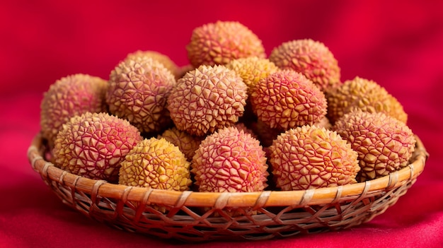 Basket of fresh lychee Litchi chinensis their rough red skin placed vibrant red background highlight