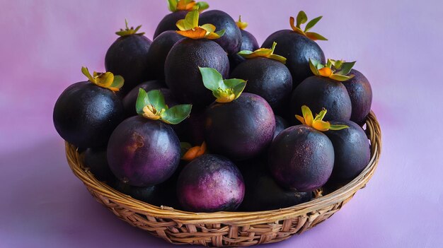 Basket of fresh mangosteen Garcinia mangostana their dark purple skin placed light purple background