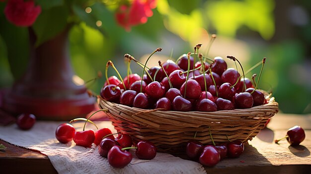 basket of fresh ripe cherries on a wooden table in a garden