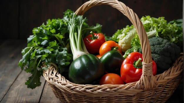 Basket of fresh vegetables on rustic wood