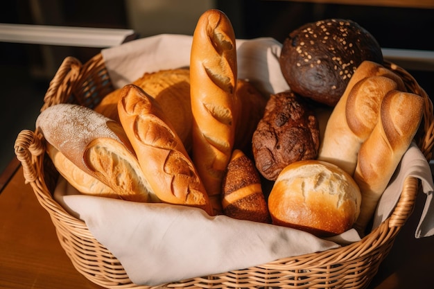 Basket of freshly baked bread including rolls buns and baguettes created with generative ai