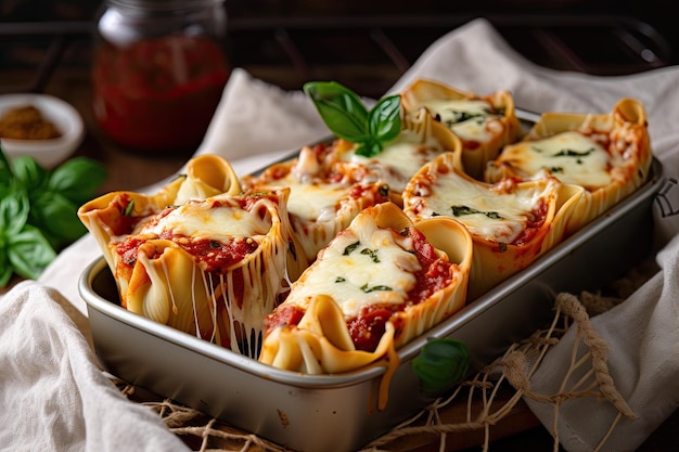 Basket of freshly baked lasagna rollups topped with melted mozzarella cheese created with generative ai