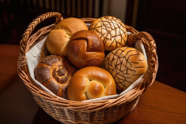 Basket of freshly baked rolls each with a unique design created with generative ai