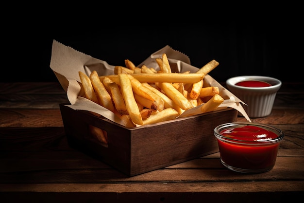 Basket of freshly cooked french fries with ketchup mustard and hot sauce