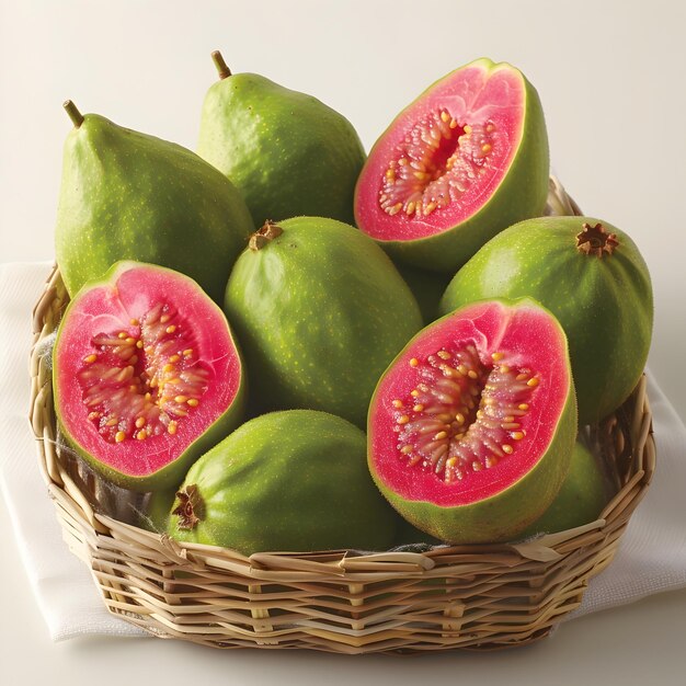 Basket of Freshly Harvested Guavas Displayed on a White Background