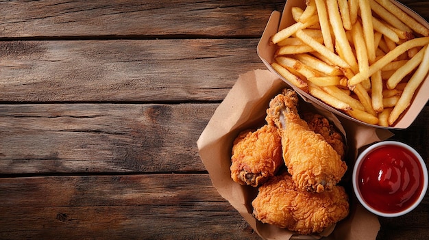 a basket of fried chicken and french fries on a wooden table