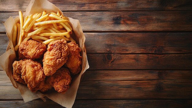 a basket of fried chicken and french fries on a wooden table