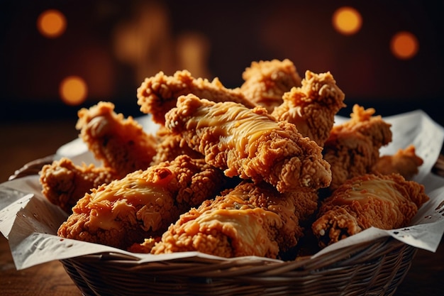 A basket of fried chicken strips with buffalo sauce