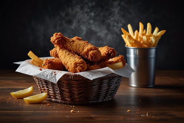 A basket of fried chicken tenders with a side