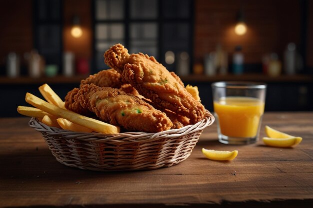 A basket of fried chicken tenders with a side