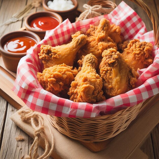 a basket of fried chicken with ketchup and ketchup