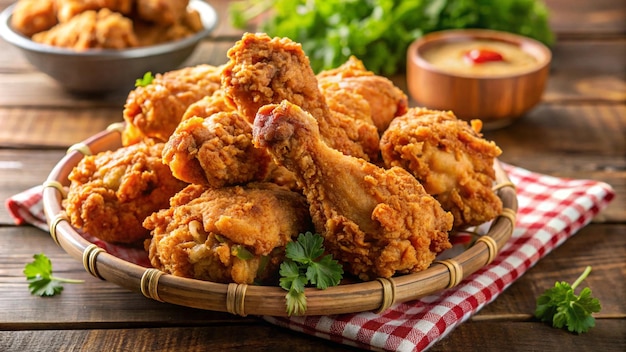 Photo a basket of fried chicken with a red and white checkered cloth