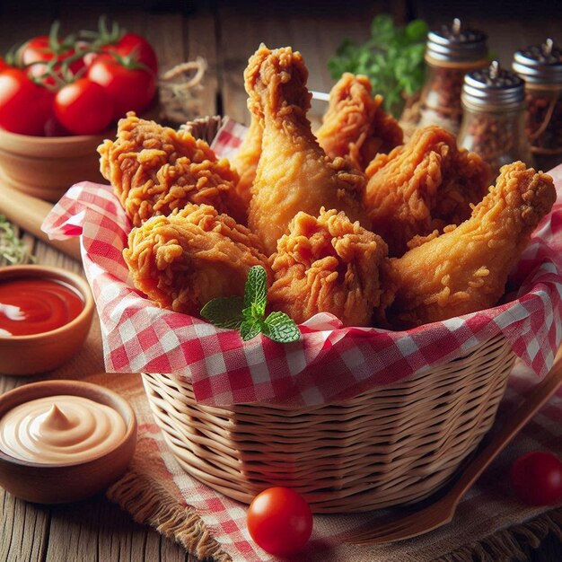 Photo a basket of fried chicken with tomatoes and parsley