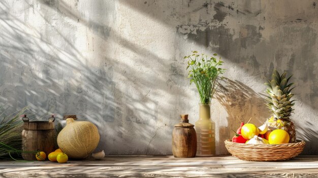 a basket of fruit and a basket of vegetables with a plant in the corner