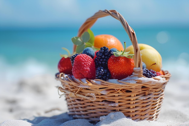 A basket of fruit on a beach with the ocean in the background with a blue sky in the background a