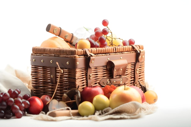 A basket of fruit and bread with a handle that says'fruit basket '