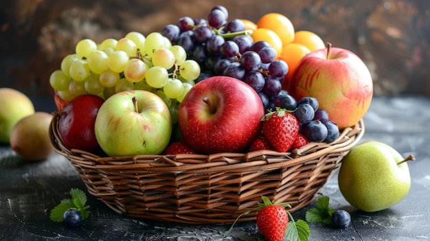 a basket of fruit including apples grapes and a strawberries