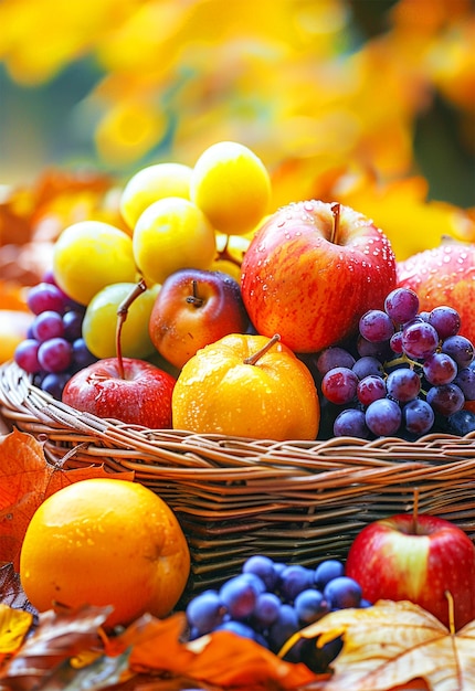 a basket of fruit including apples oranges and a bunch of apples