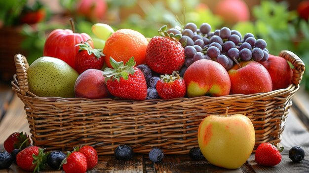 a basket of fruit including apples strawberries and a strawberries