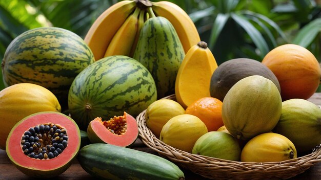 a basket of fruit including bananas melon and melon