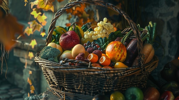 a basket of fruit including a bunch of grapes pears and other fruits