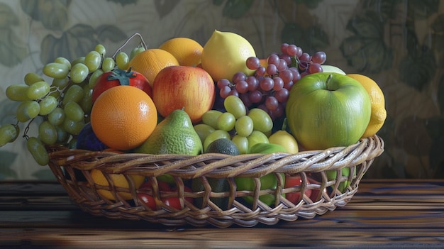 a basket of fruit including a bunch of grapes pears and pears