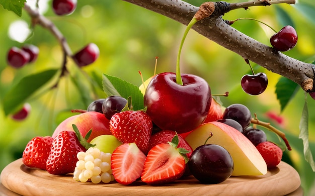 a basket of fruit including strawberries cherry and a apple