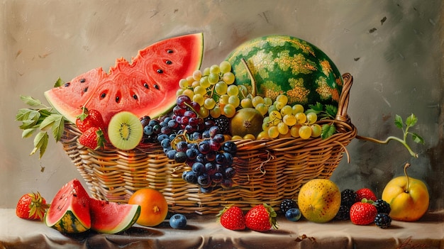 a basket of fruit including a watermelon grapes and a watermelon