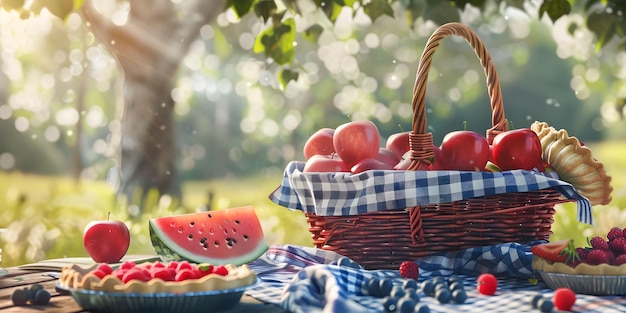 A basket of fruit is on a picnic table with a blue and white checkered cloth