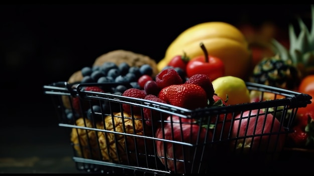 A basket of fruit is shown with a fruit in it.