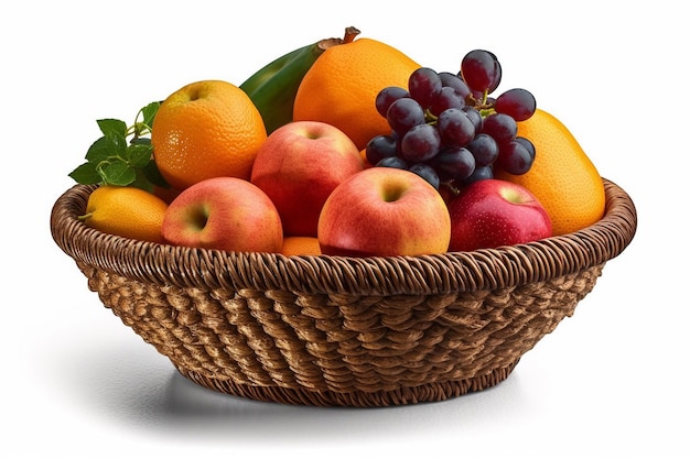 A basket of fruit is shown with a white background.