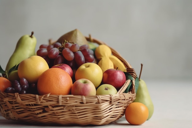 A basket of fruit is on a table with a pear and oranges.